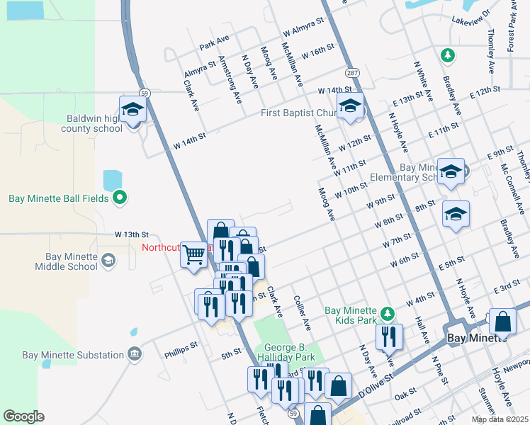 map of restaurants, bars, coffee shops, grocery stores, and more near 904 Clark Avenue in Bay Minette