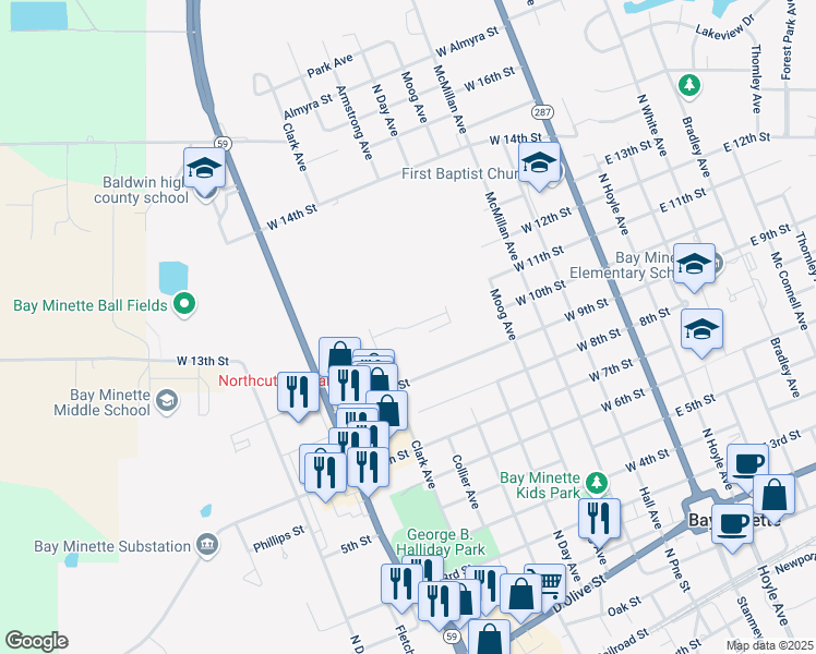 map of restaurants, bars, coffee shops, grocery stores, and more near 607 West 9th Street in Bay Minette