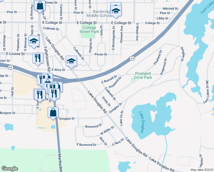 map of restaurants, bars, coffee shops, grocery stores, and more near 1401 Pineland Drive in Bainbridge