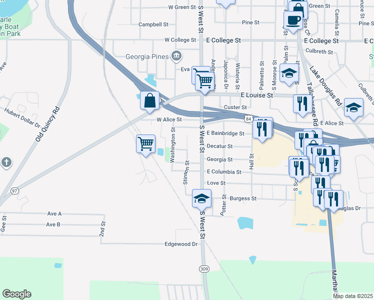 map of restaurants, bars, coffee shops, grocery stores, and more near 1500 Stinson Street in Bainbridge