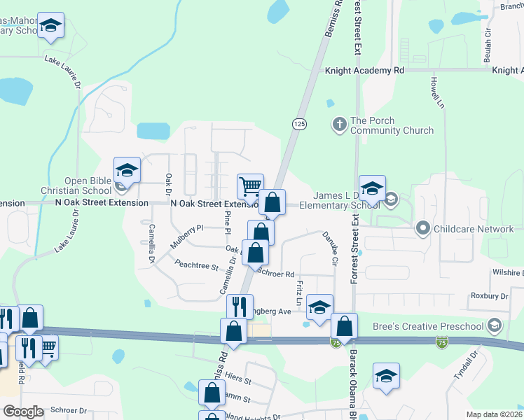 map of restaurants, bars, coffee shops, grocery stores, and more near 3480 Bemiss Road in Valdosta