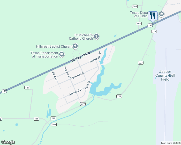 map of restaurants, bars, coffee shops, grocery stores, and more near 621 Emerald Drive in Jasper