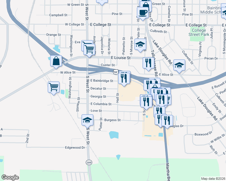 map of restaurants, bars, coffee shops, grocery stores, and more near 412 Decatur Street in Bainbridge