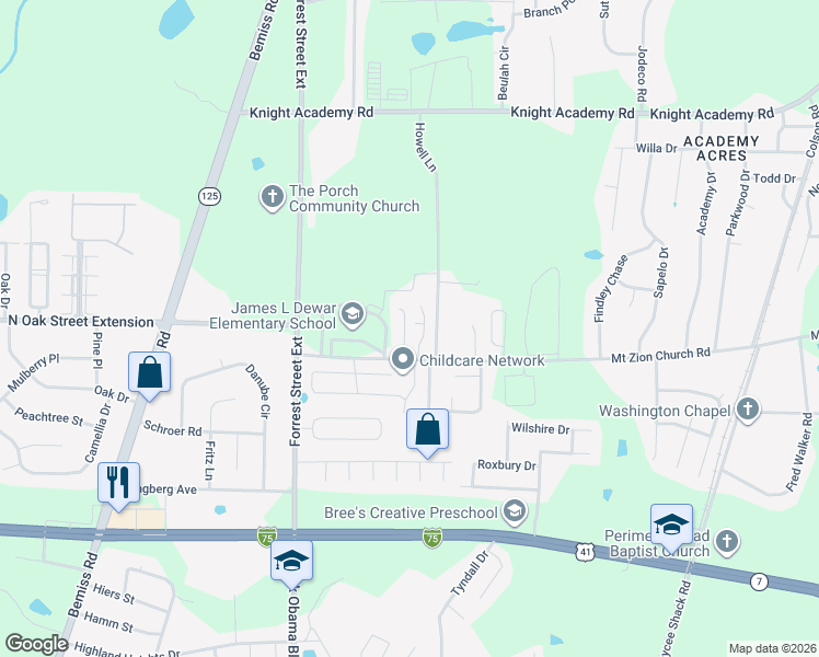 map of restaurants, bars, coffee shops, grocery stores, and more near 3561-3581 Mount Zion Church Road in Valdosta