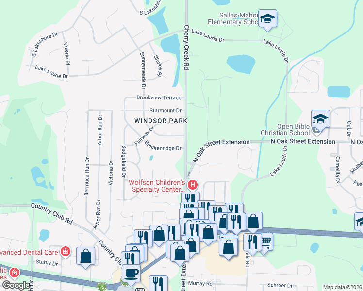 map of restaurants, bars, coffee shops, grocery stores, and more near 100 Breckenridge Drive in Valdosta