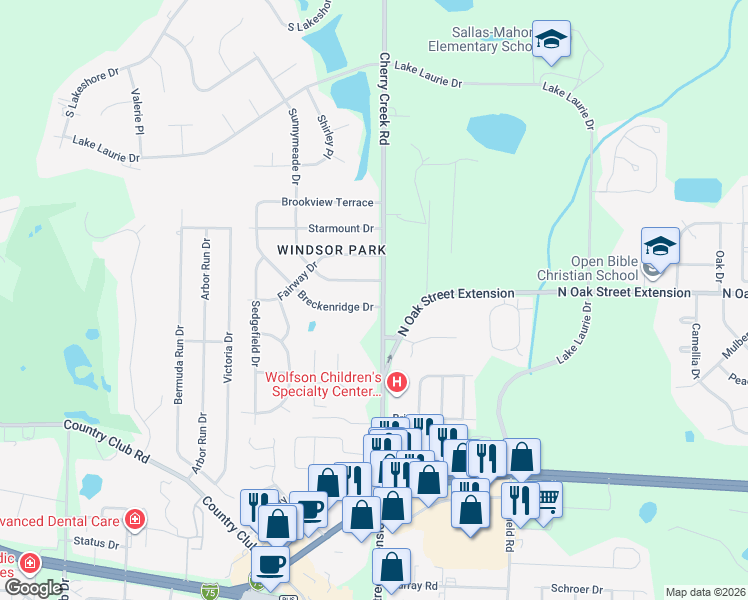 map of restaurants, bars, coffee shops, grocery stores, and more near 100 Breckenridge Drive in Valdosta