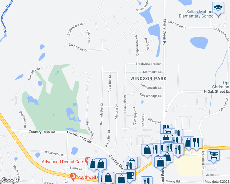 map of restaurants, bars, coffee shops, grocery stores, and more near 3626 Victoria Drive in Valdosta