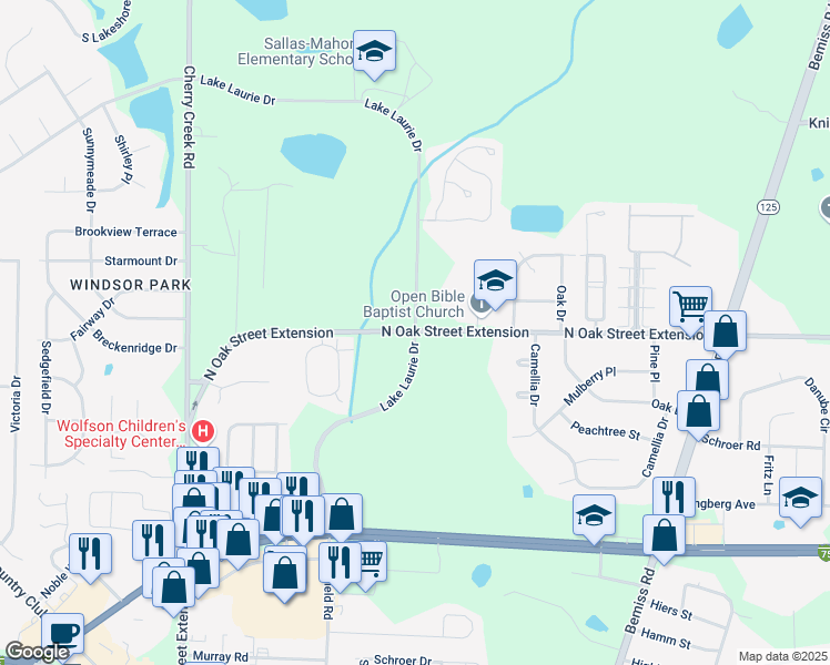 map of restaurants, bars, coffee shops, grocery stores, and more near 3686 Lake Laurie Drive in Valdosta
