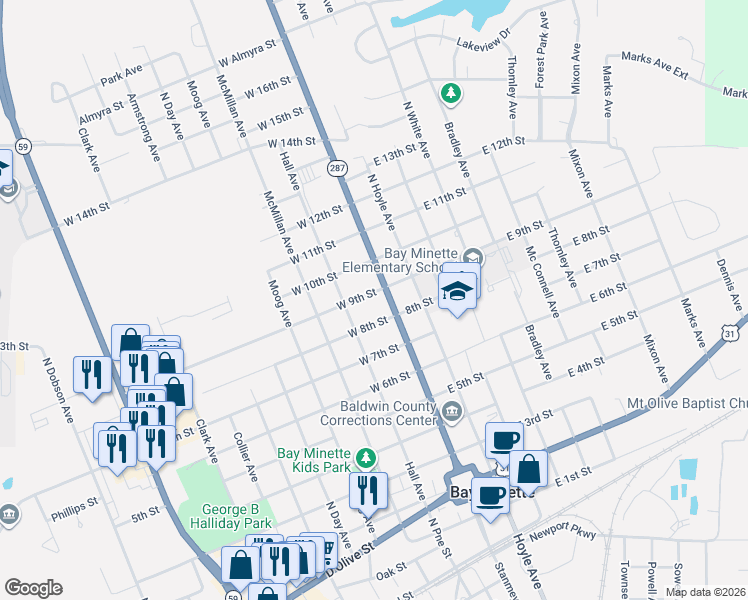 map of restaurants, bars, coffee shops, grocery stores, and more near 1003 West 9th Street in Bay Minette