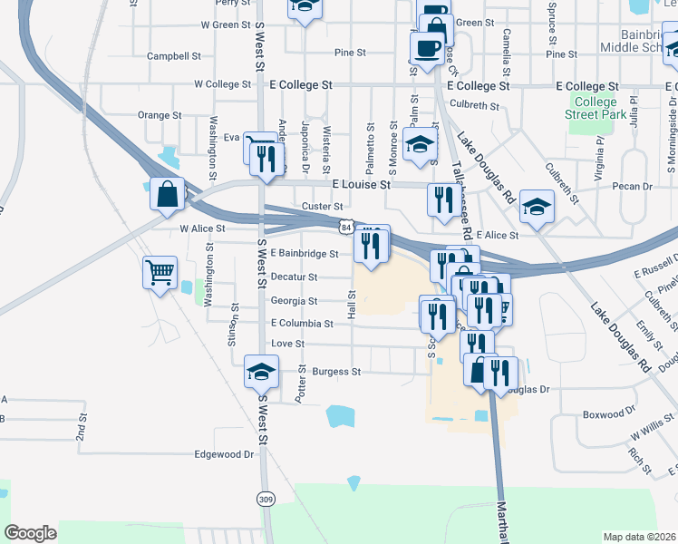 map of restaurants, bars, coffee shops, grocery stores, and more near 412 Decatur Street in Bainbridge