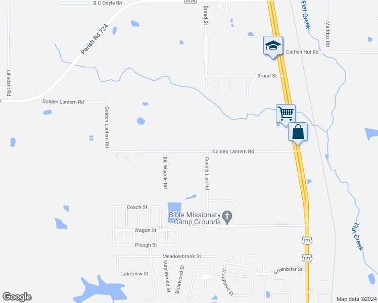 map of restaurants, bars, coffee shops, grocery stores, and more near 235 Golden Lantern Road in DeRidder