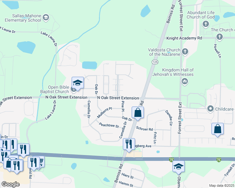 map of restaurants, bars, coffee shops, grocery stores, and more near 5116 Northwind Boulevard in Valdosta