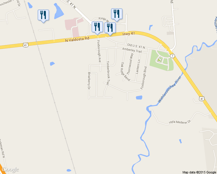 map of restaurants, bars, coffee shops, grocery stores, and more near 4065 Foxborough Boulevard in Valdosta