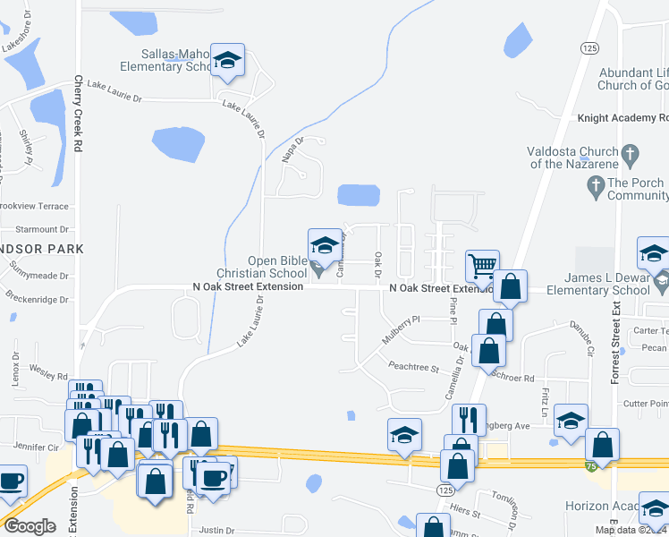 map of restaurants, bars, coffee shops, grocery stores, and more near 4003 Camellia Drive in Valdosta
