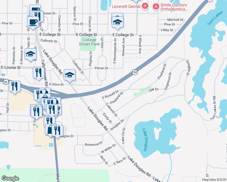 map of restaurants, bars, coffee shops, grocery stores, and more near 1413 East Russell Drive in Bainbridge