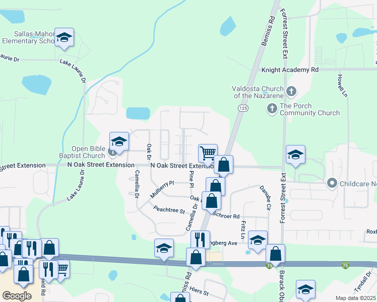 map of restaurants, bars, coffee shops, grocery stores, and more near 5116 Northwind Boulevard in Valdosta