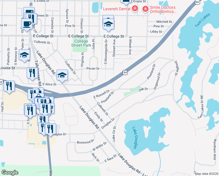 map of restaurants, bars, coffee shops, grocery stores, and more near 1413 East Russell Drive in Bainbridge
