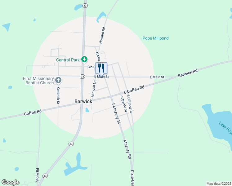 map of restaurants, bars, coffee shops, grocery stores, and more near 3045 East Coffee Road in Barwick
