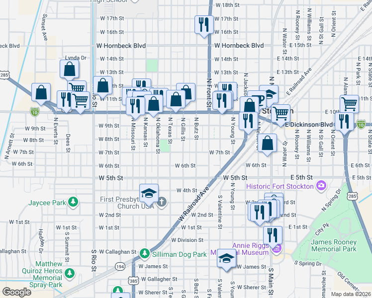 map of restaurants, bars, coffee shops, grocery stores, and more near 700 North Gillis Street in Fort Stockton