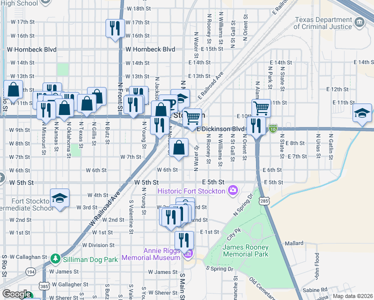 map of restaurants, bars, coffee shops, grocery stores, and more near 100-198 East 7th Street in Fort Stockton
