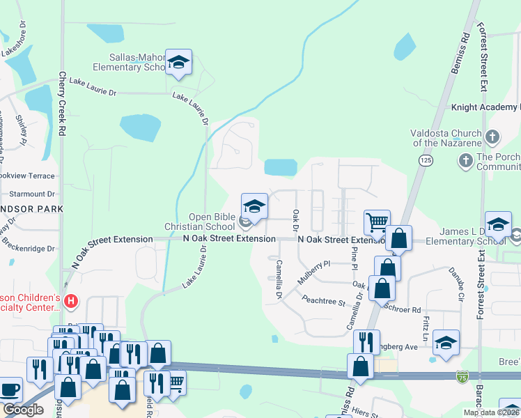 map of restaurants, bars, coffee shops, grocery stores, and more near 4009 Camellia Drive in Valdosta