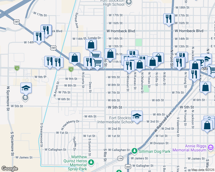map of restaurants, bars, coffee shops, grocery stores, and more near 802 North Rio Street in Fort Stockton