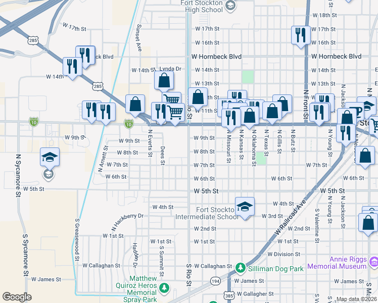 map of restaurants, bars, coffee shops, grocery stores, and more near 802 North Rio Street in Fort Stockton