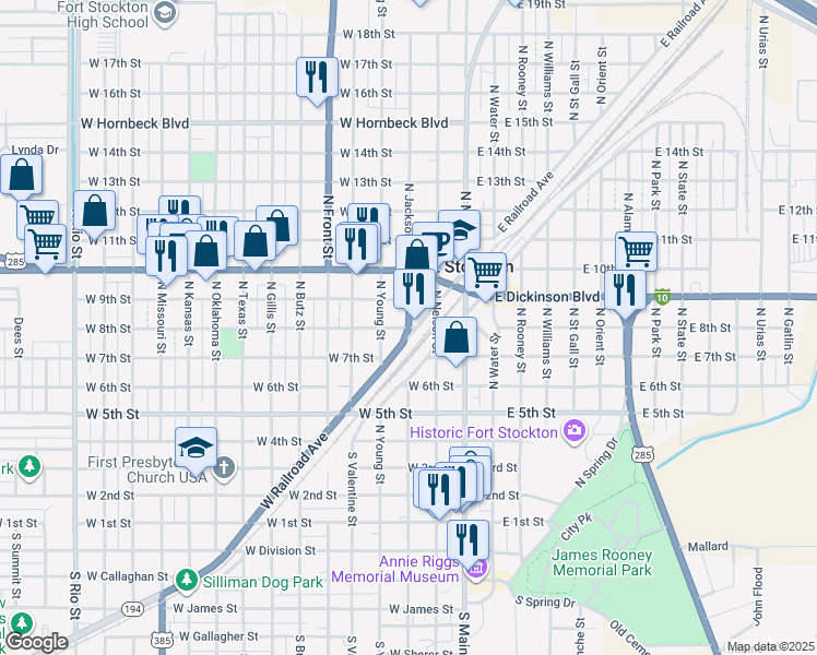 map of restaurants, bars, coffee shops, grocery stores, and more near West Railroad Avenue in Fort Stockton