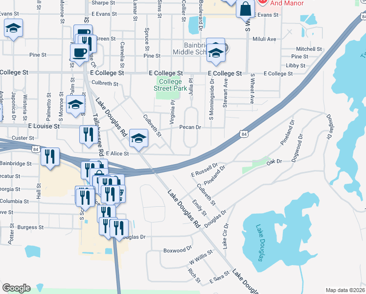 map of restaurants, bars, coffee shops, grocery stores, and more near 1110 South Julia Circle in Bainbridge