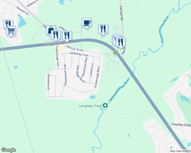 map of restaurants, bars, coffee shops, grocery stores, and more near 4024 Foxborough Boulevard in Valdosta