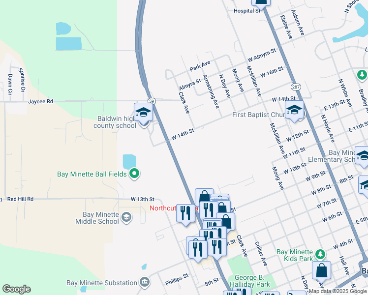 map of restaurants, bars, coffee shops, grocery stores, and more near 1310 McMeans Avenue in Bay Minette