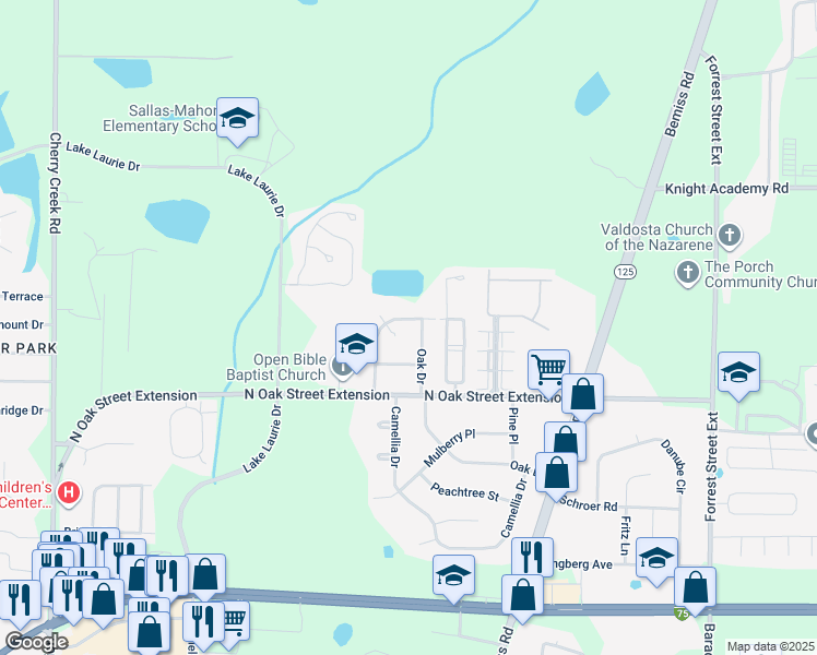 map of restaurants, bars, coffee shops, grocery stores, and more near 4023C Camellia Drive in Valdosta