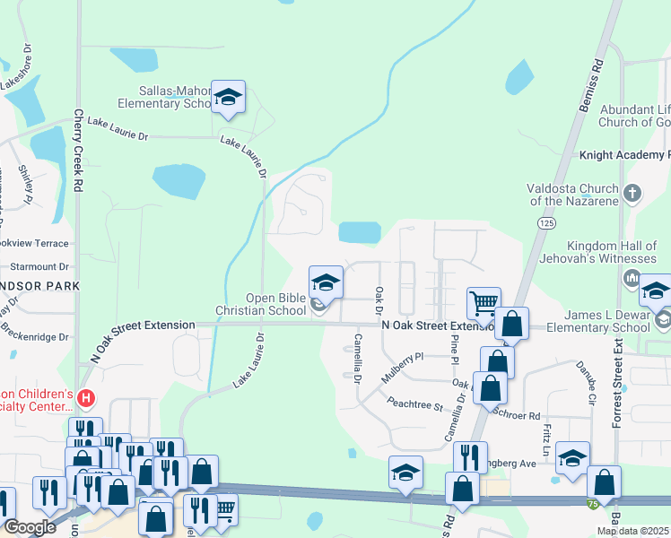 map of restaurants, bars, coffee shops, grocery stores, and more near 4019 Camellia Drive in Valdosta