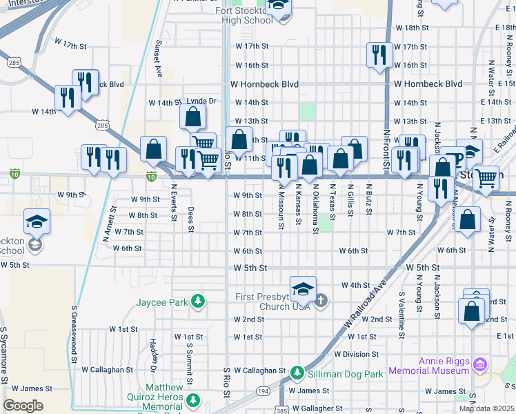 map of restaurants, bars, coffee shops, grocery stores, and more near 803 North Colpitts Boulevard in Fort Stockton