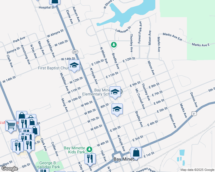 map of restaurants, bars, coffee shops, grocery stores, and more near 800 Blackburn Avenue in Bay Minette