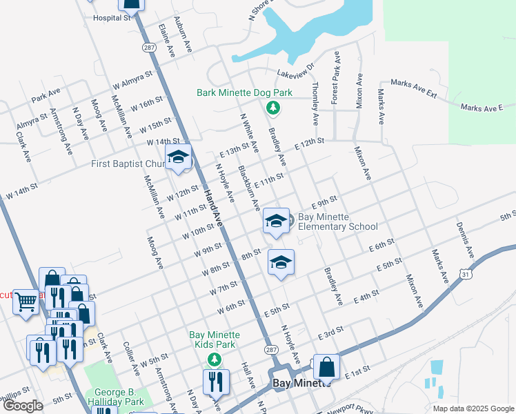 map of restaurants, bars, coffee shops, grocery stores, and more near 800 Blackburn Avenue in Bay Minette