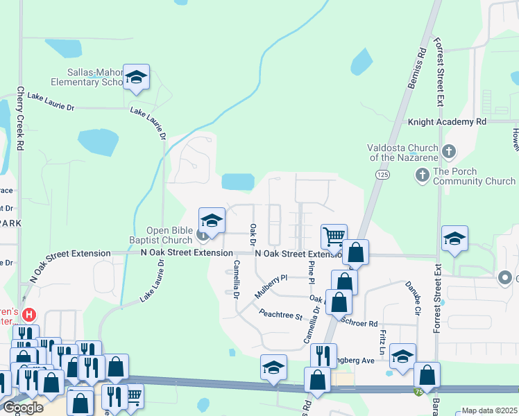 map of restaurants, bars, coffee shops, grocery stores, and more near 4114 Oak Drive in Valdosta