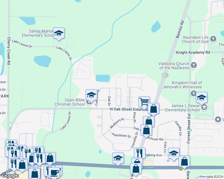 map of restaurants, bars, coffee shops, grocery stores, and more near 4023C Camellia Drive in Valdosta