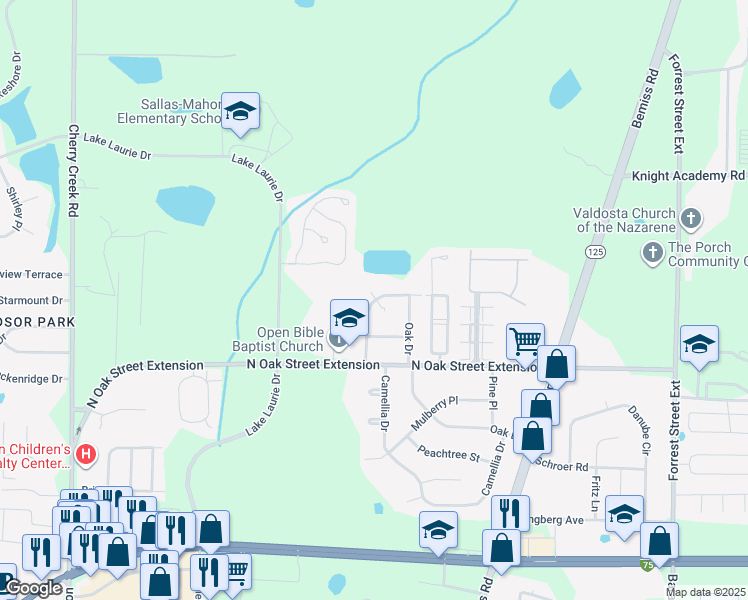 map of restaurants, bars, coffee shops, grocery stores, and more near 4019 Camellia Drive in Valdosta