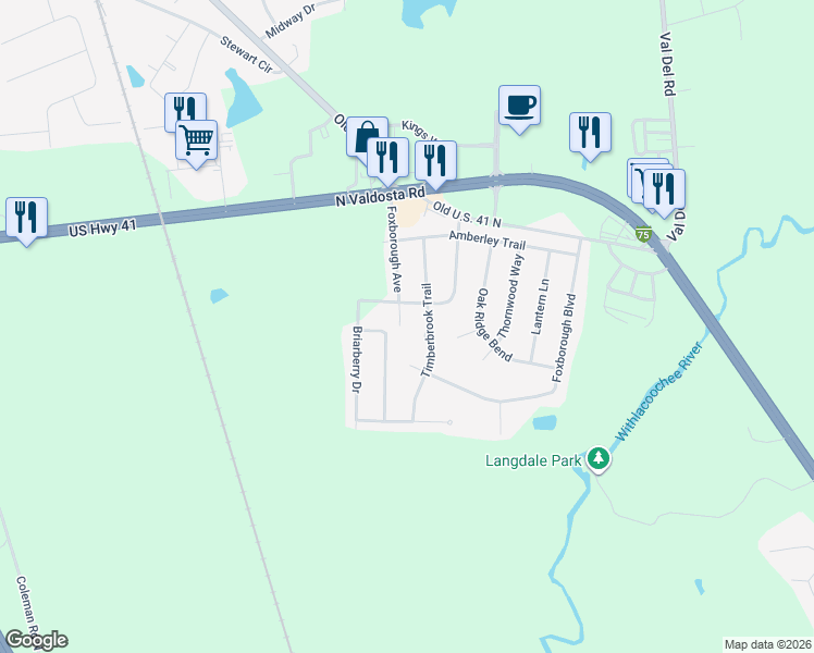 map of restaurants, bars, coffee shops, grocery stores, and more near 4631 Foxborough Avenue in Valdosta