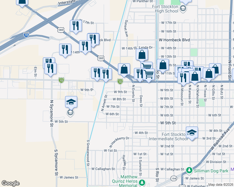 map of restaurants, bars, coffee shops, grocery stores, and more near 2003 West 9th Street in Fort Stockton