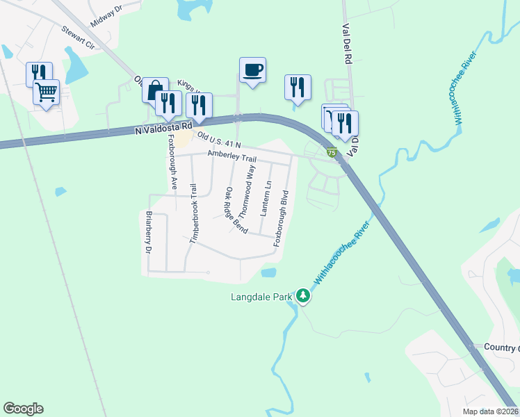 map of restaurants, bars, coffee shops, grocery stores, and more near 4219 Thornwood Way in Valdosta