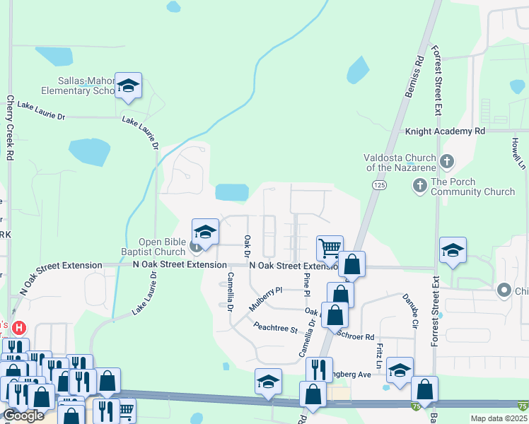map of restaurants, bars, coffee shops, grocery stores, and more near 5115 Greyfield Circle in Valdosta