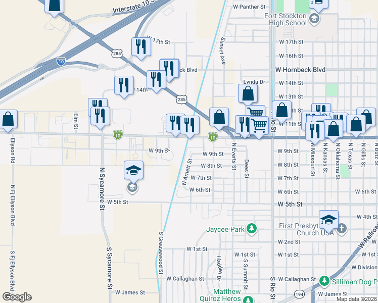 map of restaurants, bars, coffee shops, grocery stores, and more near 807 North Arnett Street in Fort Stockton