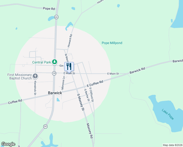 map of restaurants, bars, coffee shops, grocery stores, and more near 1120 North Sims Street in Barwick