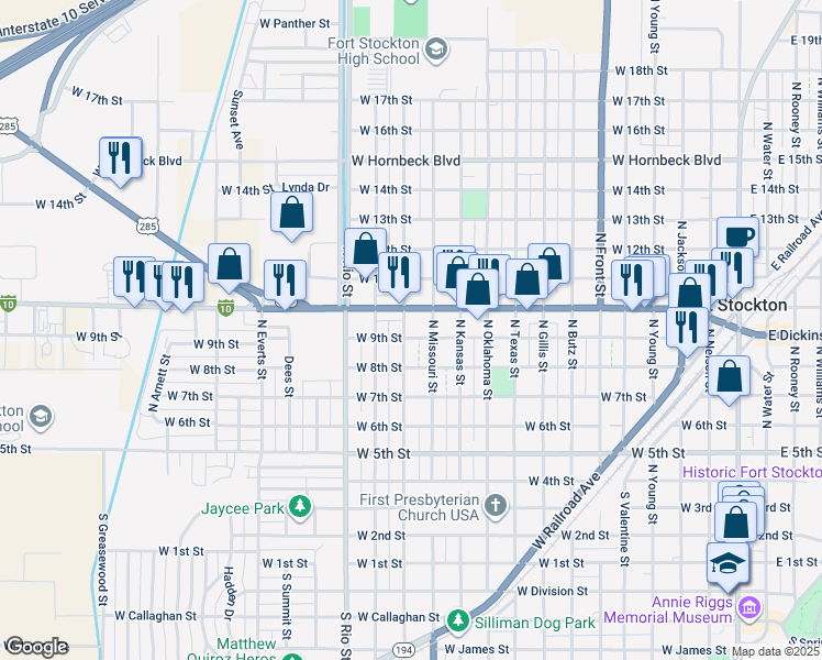 map of restaurants, bars, coffee shops, grocery stores, and more near 803 North Colpitts Boulevard in Fort Stockton