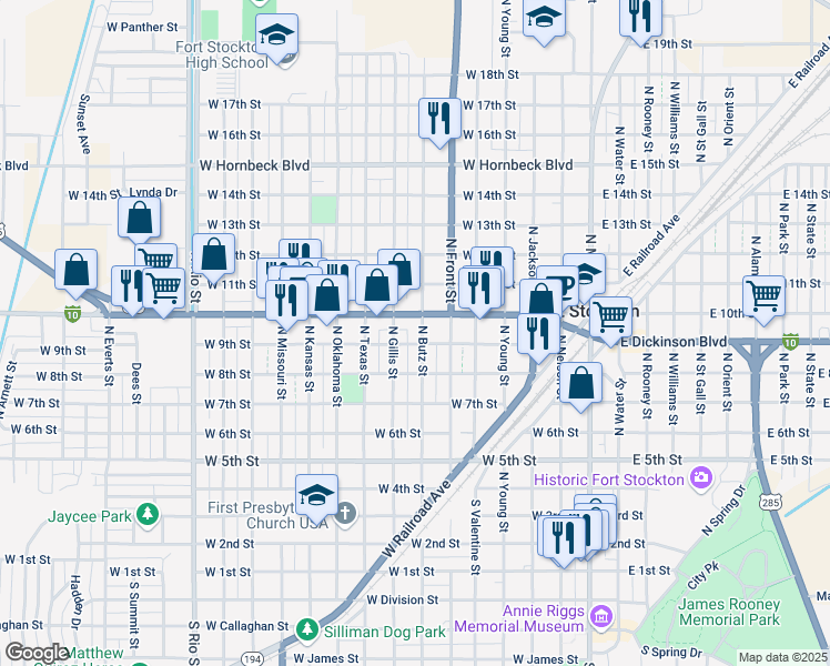 map of restaurants, bars, coffee shops, grocery stores, and more near 710 West Dickinson Boulevard in Fort Stockton