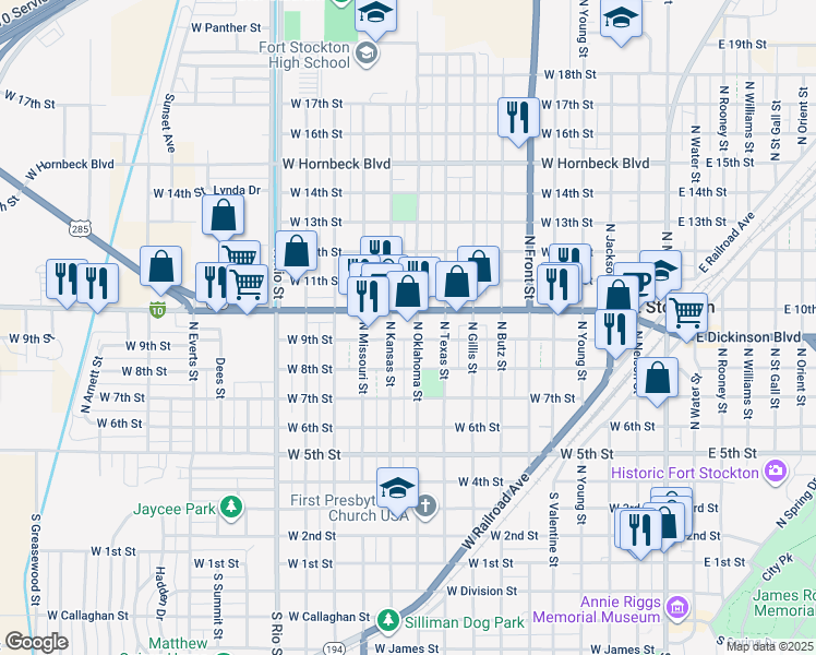 map of restaurants, bars, coffee shops, grocery stores, and more near 1000-1056 West Dickinson Boulevard in Fort Stockton