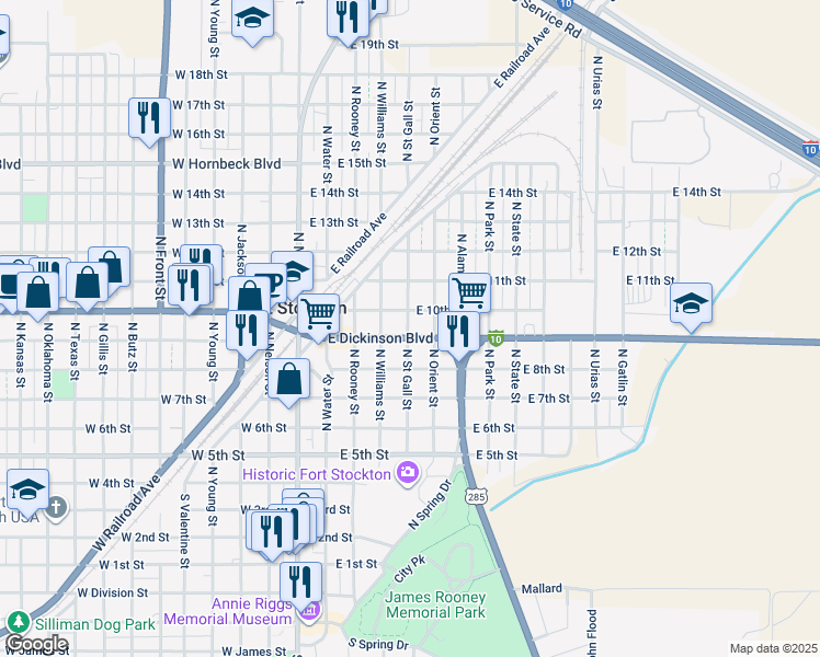 map of restaurants, bars, coffee shops, grocery stores, and more near 505 East Dickinson Boulevard in Fort Stockton