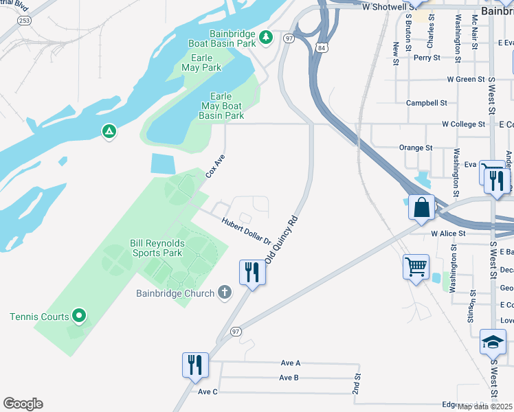 map of restaurants, bars, coffee shops, grocery stores, and more near 201 Ridgefield Drive in Bainbridge